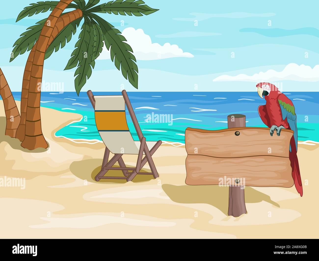 Spiaggia tropicale con alcune palme, una sdraio sulla spiaggia e un colorato pappagallo appollaiato su un cartello di legno. Illustrazione Vettoriale. Illustrazione Vettoriale