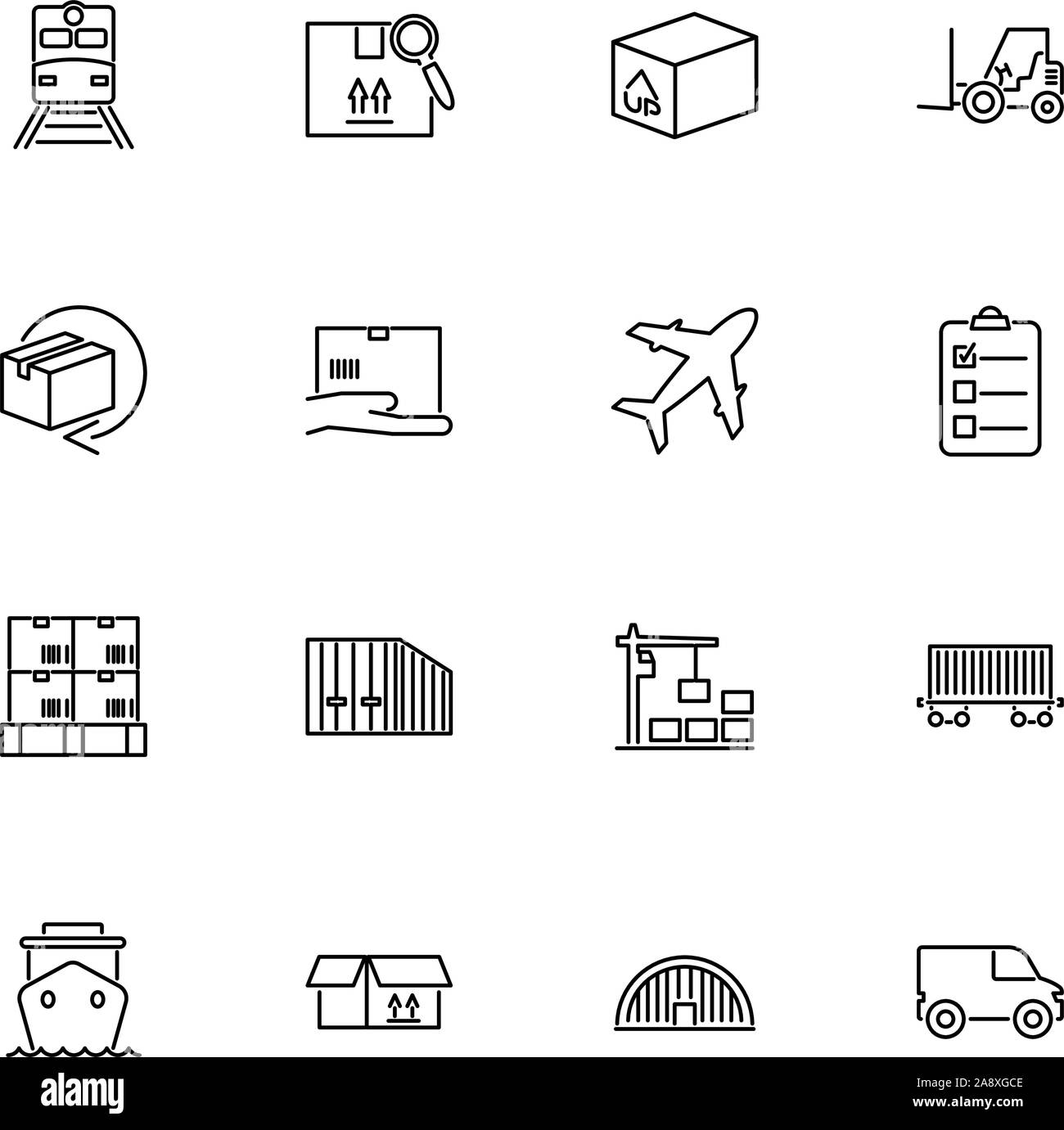 Il box di carico, trasporto merci di esportazione outline set di icone - simbolo nero su sfondo bianco. Carico merci di esportazione semplice illustrazione simbolo - rivestiti di semplicità si Illustrazione Vettoriale