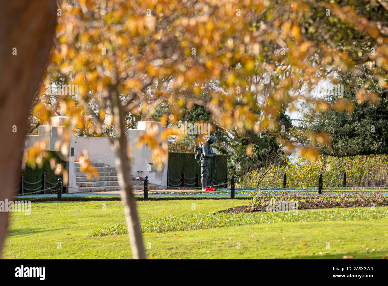Statua di bronzo di un britannico "Tommy' soldato davanti al progettato Lutyens Memoriale di guerra in preparazione per il ricordo di domenica. Foglie di autunno Foto Stock