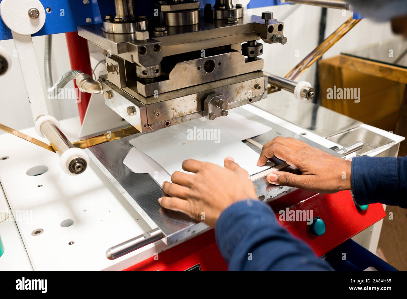 Schermo e la macchina da stampa digitale gestito da mani indiane all'interno della fabbrica di confezionamento la stampa di buste in plastica Foto Stock