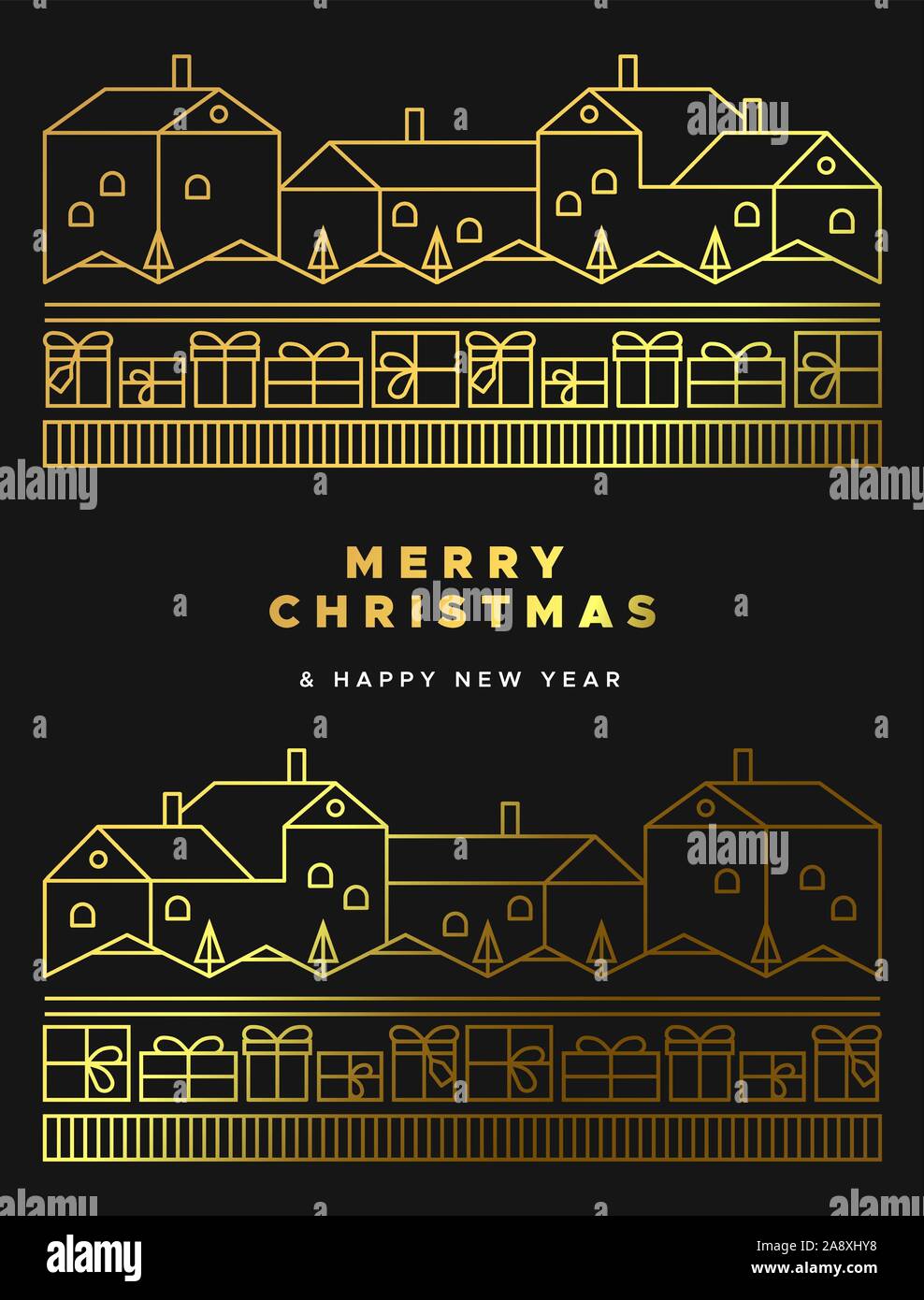 Auguri di Buon Natale felice anno nuovo biglietto di auguri illustrazione di luxury gold paesaggio invernale con le case, confezione regalo e una foresta di alberi di pino in linea geometrica Illustrazione Vettoriale