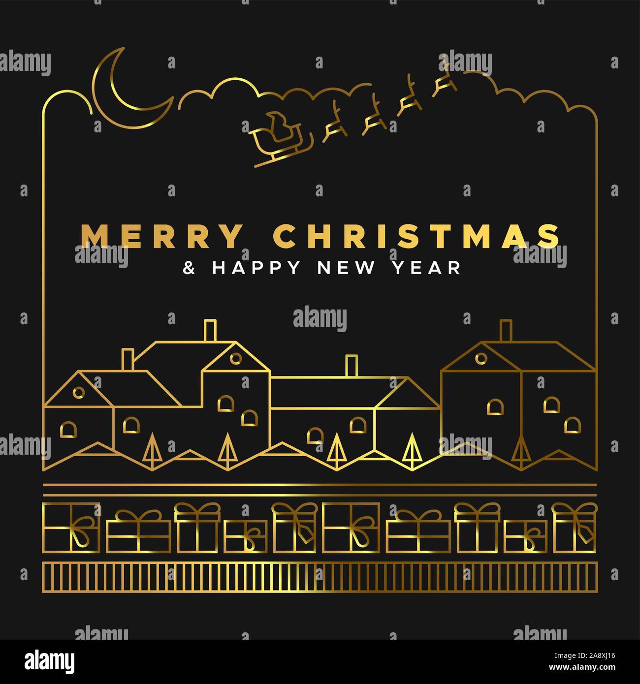 Auguri di Buon Natale felice anno nuovo biglietto di auguri illustrazione di luxury gold paesaggio invernale con case confezione regalo e santa claus sled in linea geometrica Illustrazione Vettoriale