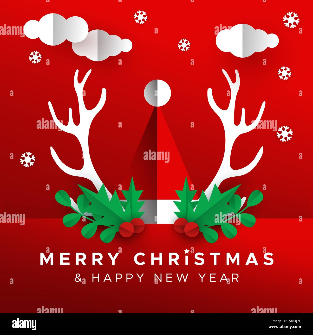 Auguri di Buon Natale felice anno nuovo biglietto di auguri illustrazione della red papercut santa claus hat in carta artigianale stile con holly, vischio e renne ampl Illustrazione Vettoriale