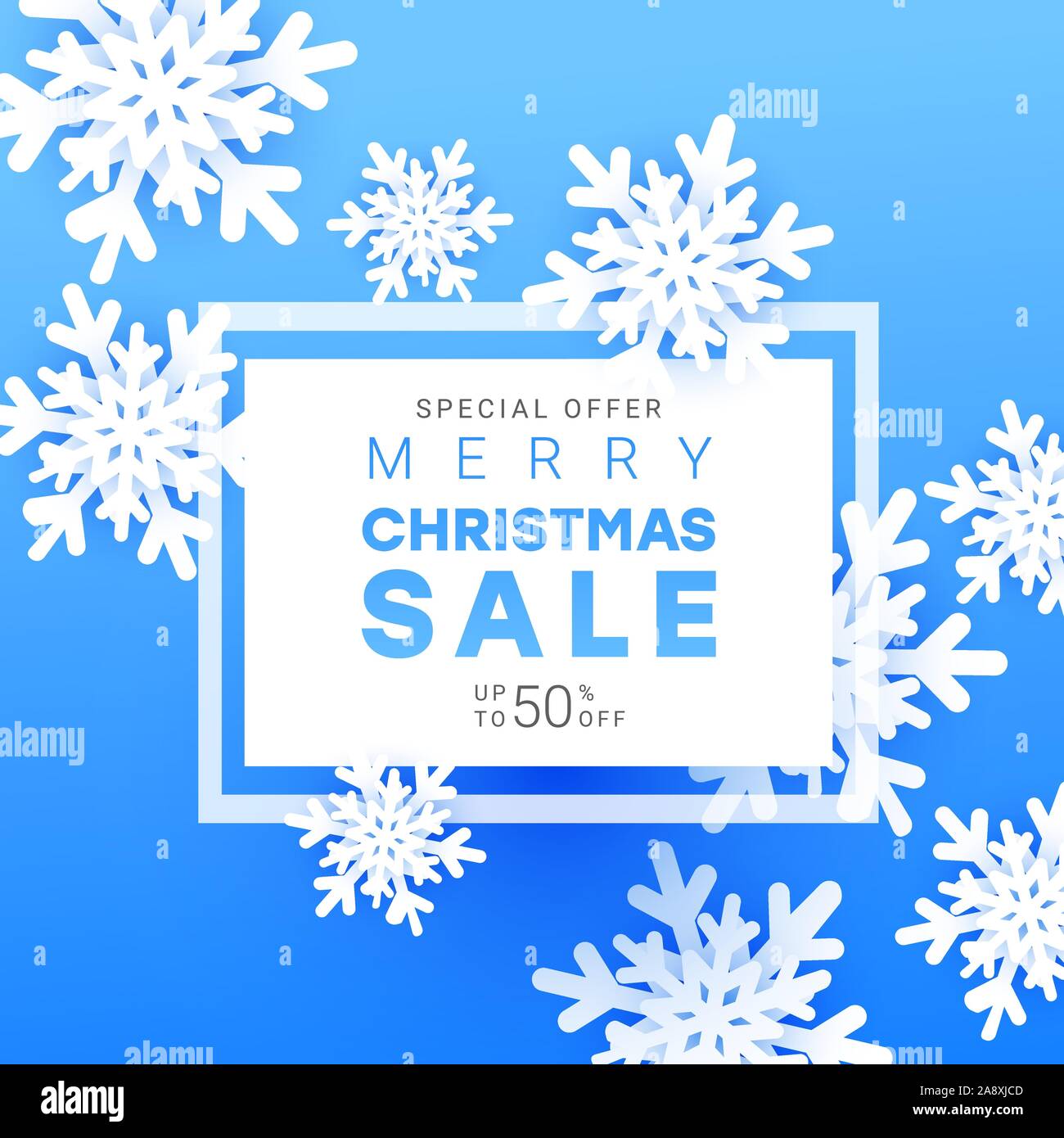 Buon Natale e felice Anno Nuovo Vendita banner con fiocchi di neve volumetrica, il telaio e il testo su un gradiente blu sullo sfondo Illustrazione Vettoriale