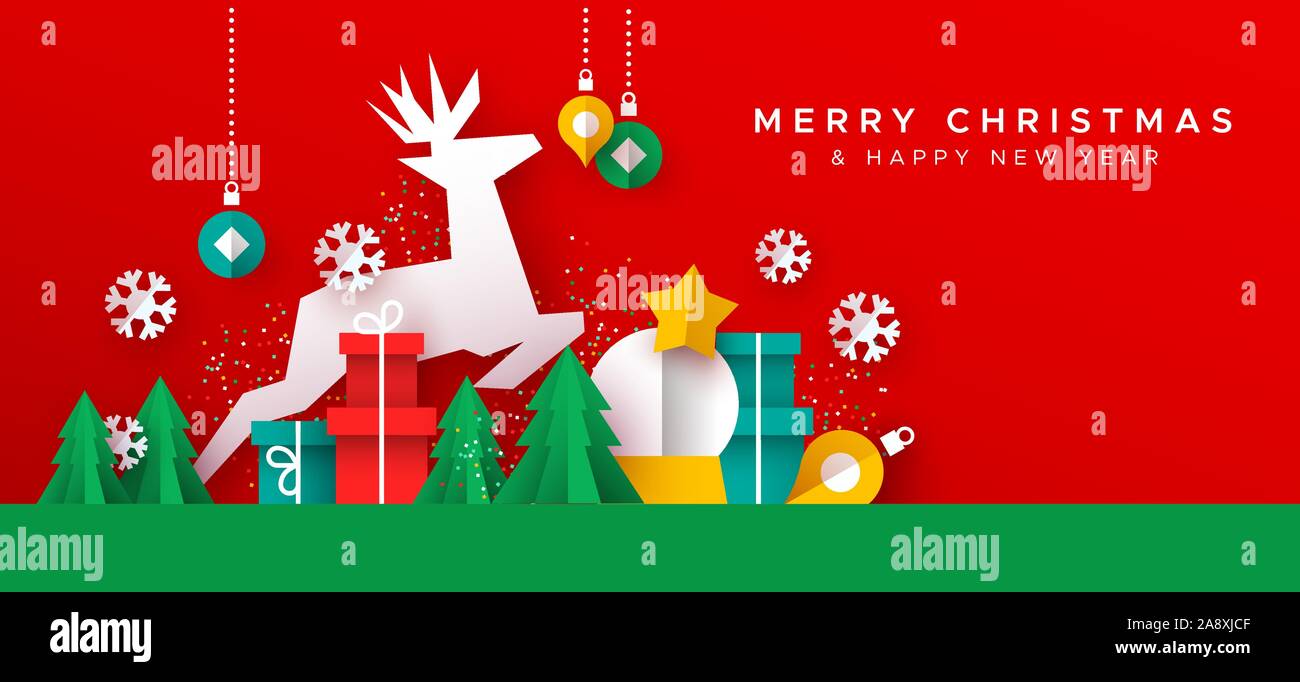 Auguri di Buon Natale felice anno nuovo biglietto di auguri illustrazione di papercut holiday Decoro paesaggio. Festosa di carta artigianale include confezione regalo, renne, p Illustrazione Vettoriale