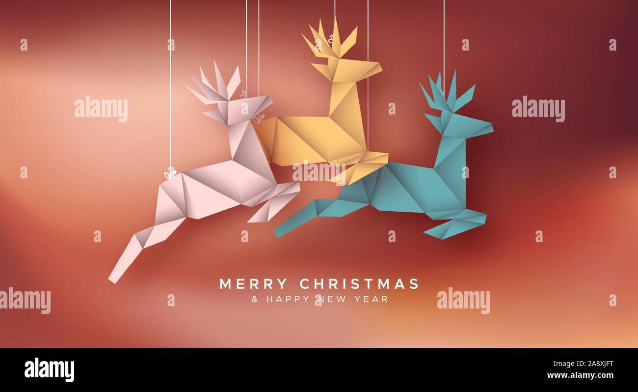 Buon Natale e Felice Anno Nuovo biglietto di auguri illustrazione di colorati di carta artigianale origami renne per la stagione di festa o evento di invito. Illustrazione Vettoriale