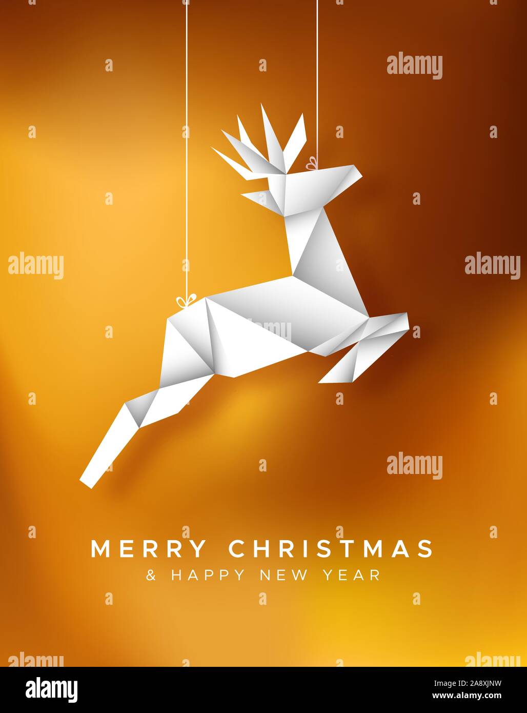 Buon Natale e Felice Anno Nuovo biglietto di auguri illustrazione della carta artigianale origami renne ornamento per la stagione di festa o evento di invito. Illustrazione Vettoriale