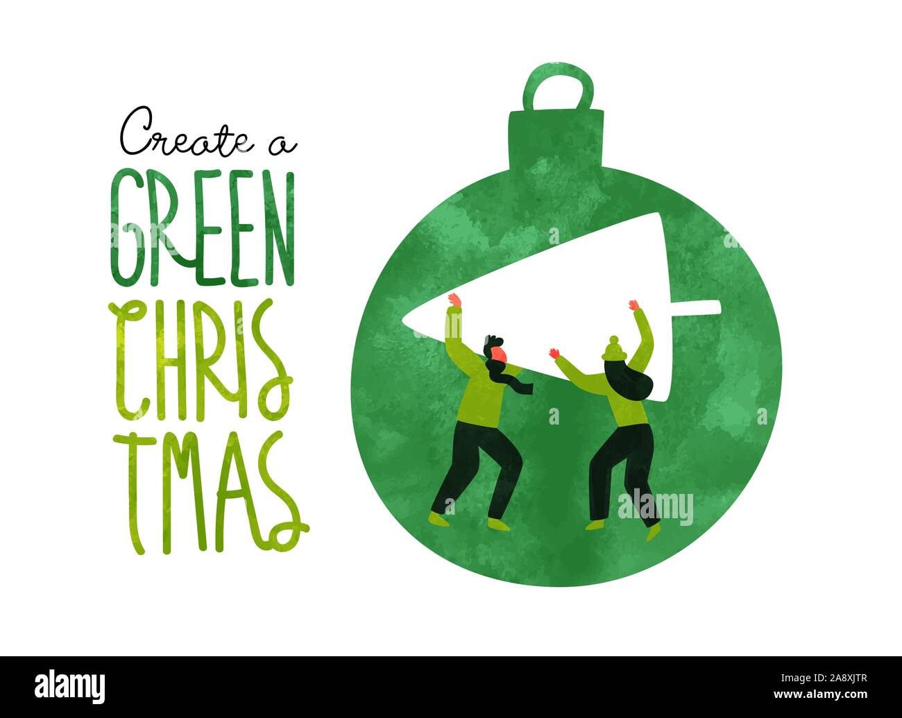 Verde di Natale biglietto di auguri di persone con pino e acquerello ornamento per ecocompatibili, vacanze natura il concetto di cura. Illustrazione Vettoriale