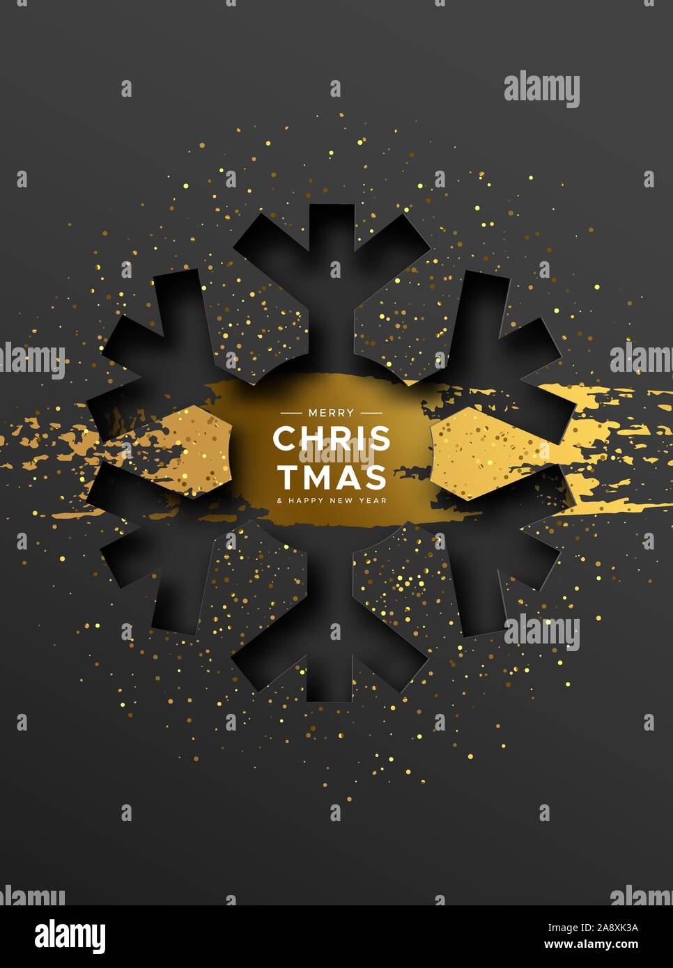 Auguri di Buon Natale felice anno nuovo bigliettino di carta tagliato il simbolo del fiocco di neve con luxury gold vernice e golden glitter polvere. Vacanza elegante invito alla festa o Illustrazione Vettoriale