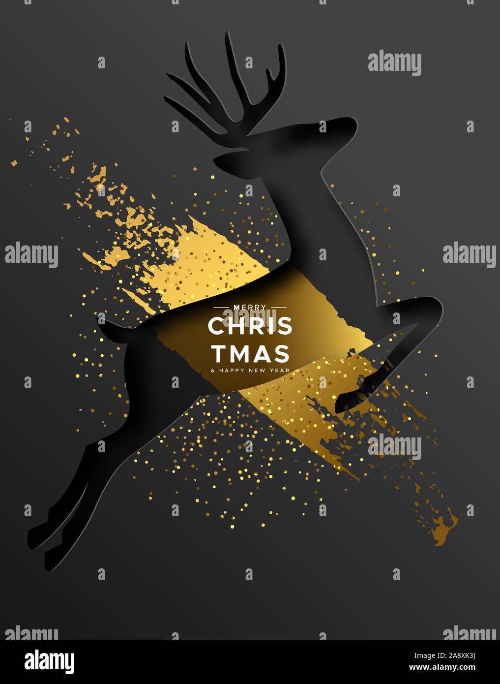 Auguri di Buon Natale felice anno nuovo bigliettino di carta tagliato le renne con luxury gold vernice e golden glitter polvere. Vacanza elegante invito alla festa o Illustrazione Vettoriale