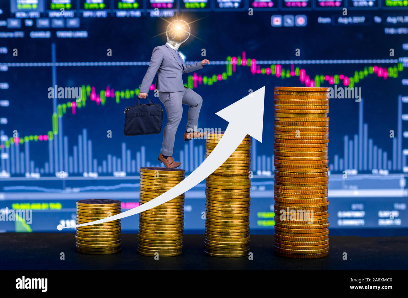 Grafico della crescita finanziaria delle comunicazioni globali Binary Smart Phone e il mondo Internet imprenditori, premere il tasto telefono per comunicare in Internet S Foto Stock