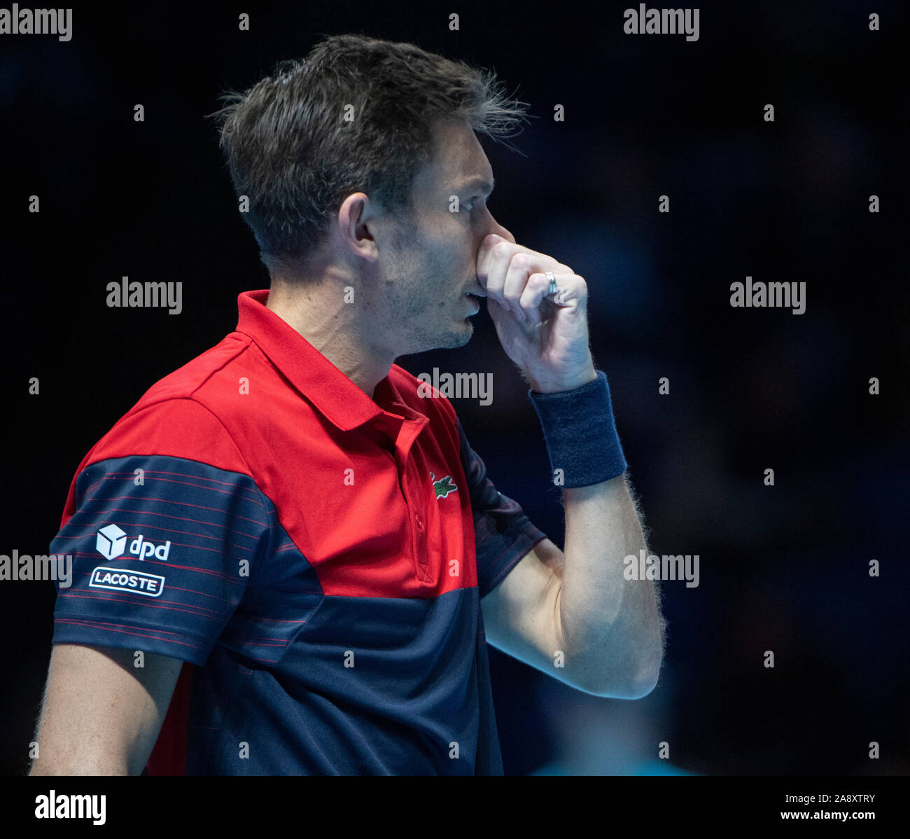 O2, Londra, Regno Unito. 11 novembre 2019. Nitto ATP Finals sera raddoppia corrispondono, Juan Sebastian Cabal (COL) & Robert Farah (COL) vs Pierre-Hugues Herbert (FRA) & Nicolas MAHUT (FRA). Credito: Malcolm Park/Alamy Live News. Foto Stock