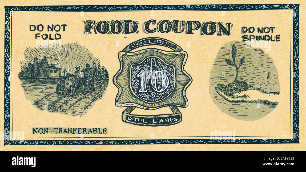 Schizzo di disegno illustrazione dello stile di un'annata alimenti razione coupon isolato su sfondo bianco che in stile retrò Foto Stock