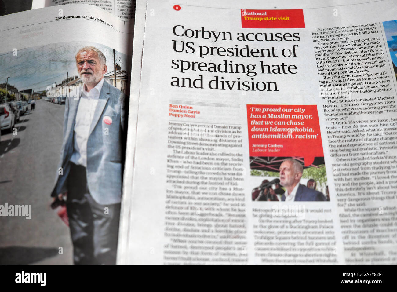 "Corbyn ci accusa il presidente di diffusione di odio e divisione' titoli di giornale in The Guardian il 4 giugno 2019 in Londra England Regno Unito Foto Stock