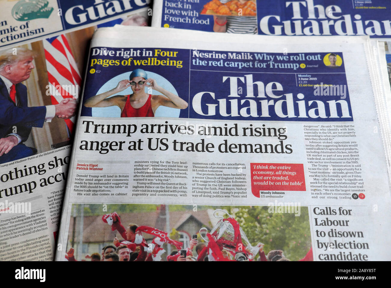 "Trump arriva in mezzo crescente collera presso di noi le esigenze del commercio' titoli di giornale in The Guardian 3 giugno 2019 nel quotidiano britannico London Inghilterra England Regno Unito Foto Stock