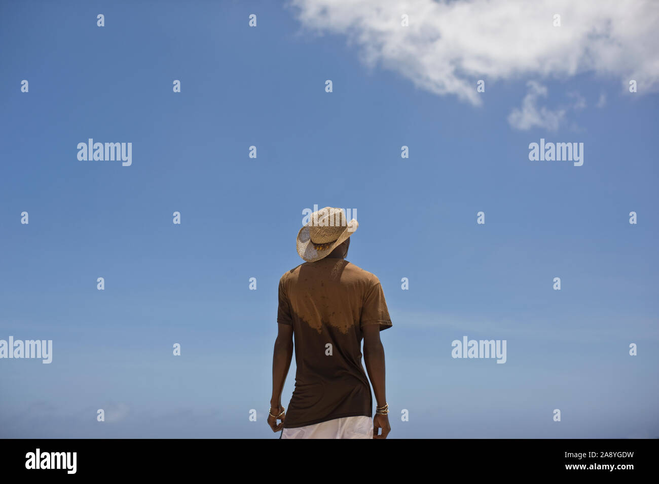 Giovane uomo che indossa un cappello di paglia contro un cielo blu. Foto Stock