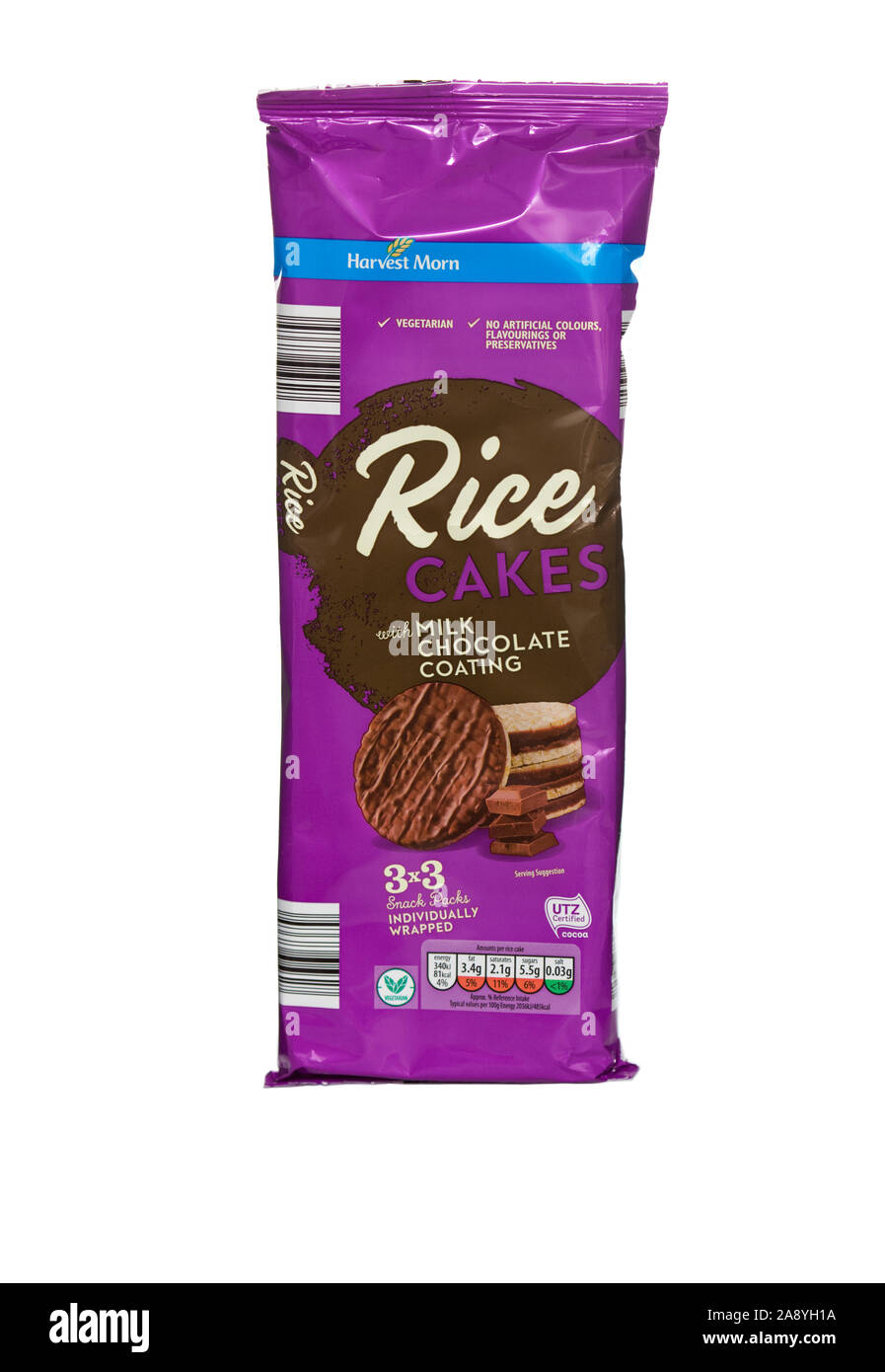 Il cioccolato torte di riso di imballaggio isolato su sfondo bianco Foto Stock