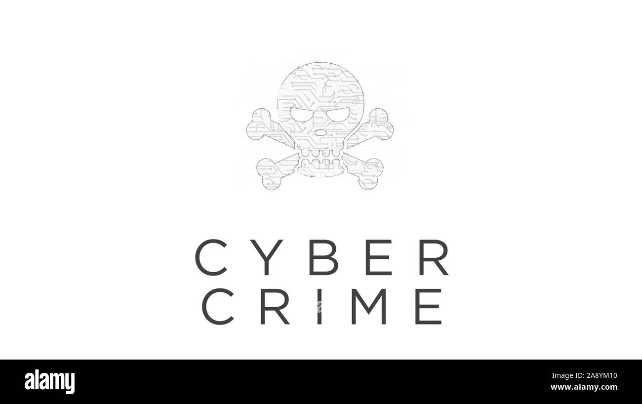 Cyber Crime con cranio simbolo ologramma futuristica rendering 3D'illustrazione. Abstract intro digitale dello sfondo. Concetto di darknet, la sicurezza in internet, c Foto Stock