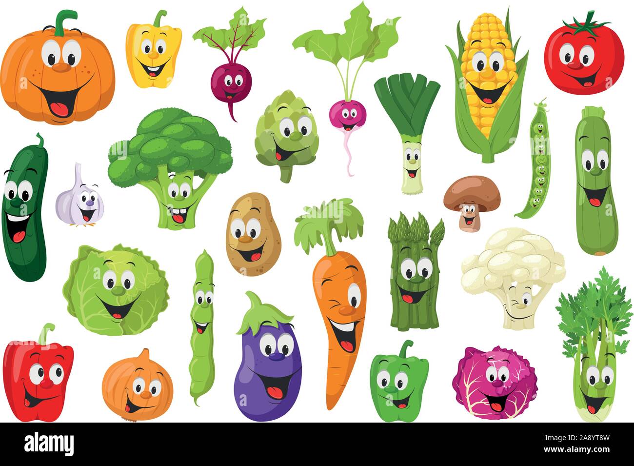 Verdure Raccolta di caratteri: Set di 26 diversi ortaggi in stile cartoon illustrazione vettoriale Illustrazione Vettoriale