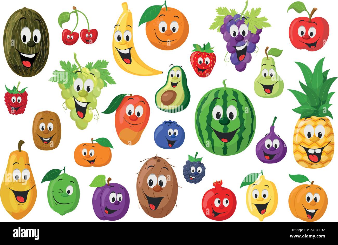 La frutta raccolta di caratteri: Set di 26 diversi tipi di frutta in stile cartoon illustrazione vettoriale Illustrazione Vettoriale