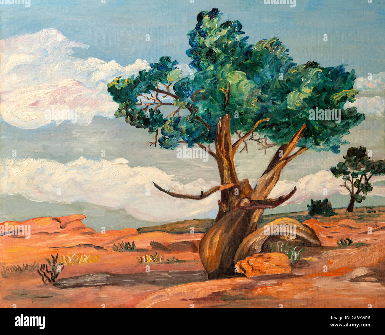 Stile naif la pittura ad olio di un pioppo di alberi e piante del deserto  in arido paesaggio Arizona o Nevada, nel sud-ovest degli Stati Uniti Foto  stock - Alamy