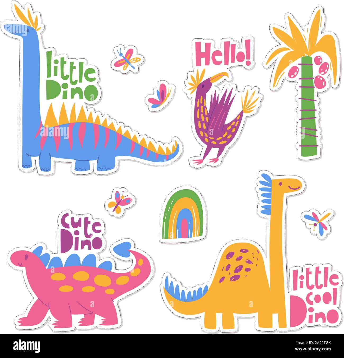 Decor e gli adesivi con cool dinosauri, piante e scritte. Illustrazione Vettoriale