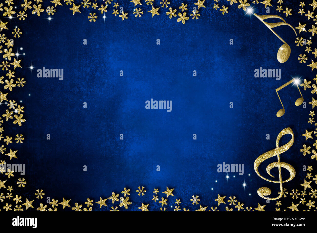 Natale carta musicale. Chiave di Violino e note musicali in oro glitter  texture su carta blu cornice dorata sfondo con copia spazio Foto stock -  Alamy