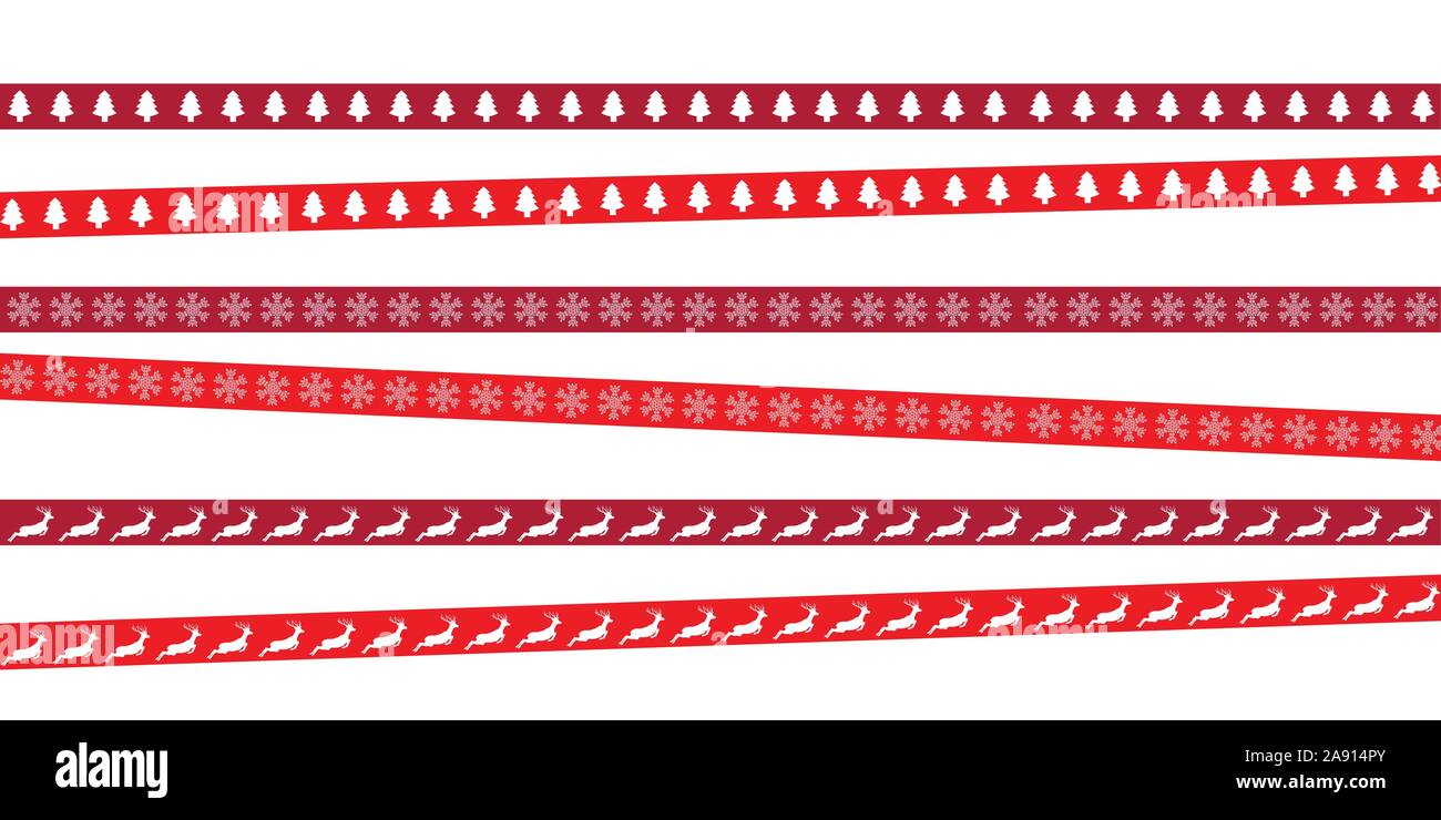 Rosso nastro di natale con albero di cervi e schema a fiocco di neve illustrazione vettoriale EPS10 Illustrazione Vettoriale