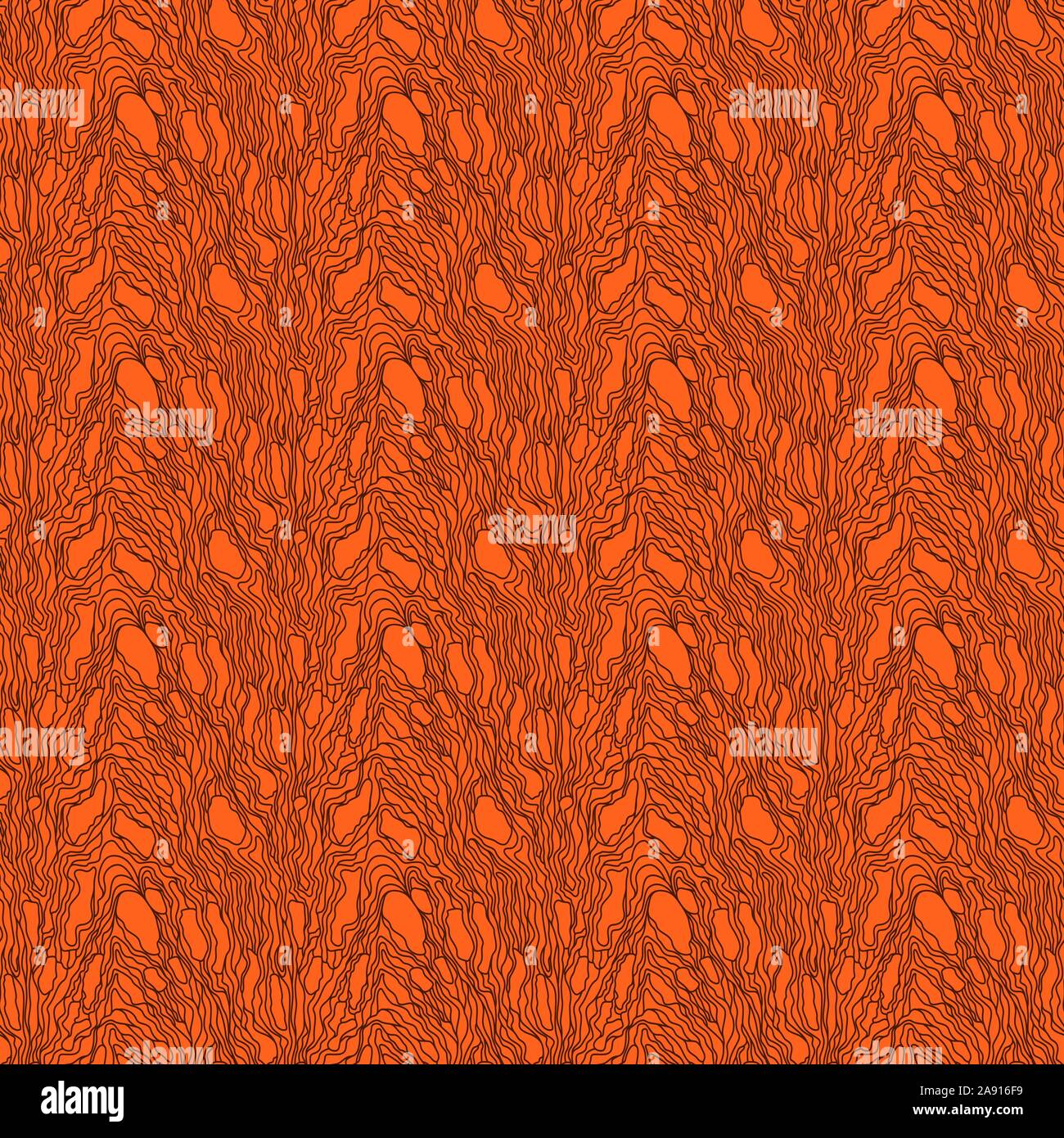Modello senza cuciture con caotica casualmente ondulate linee marrone su sfondo arancione, illustrazione del disegno a mano Illustrazione Vettoriale
