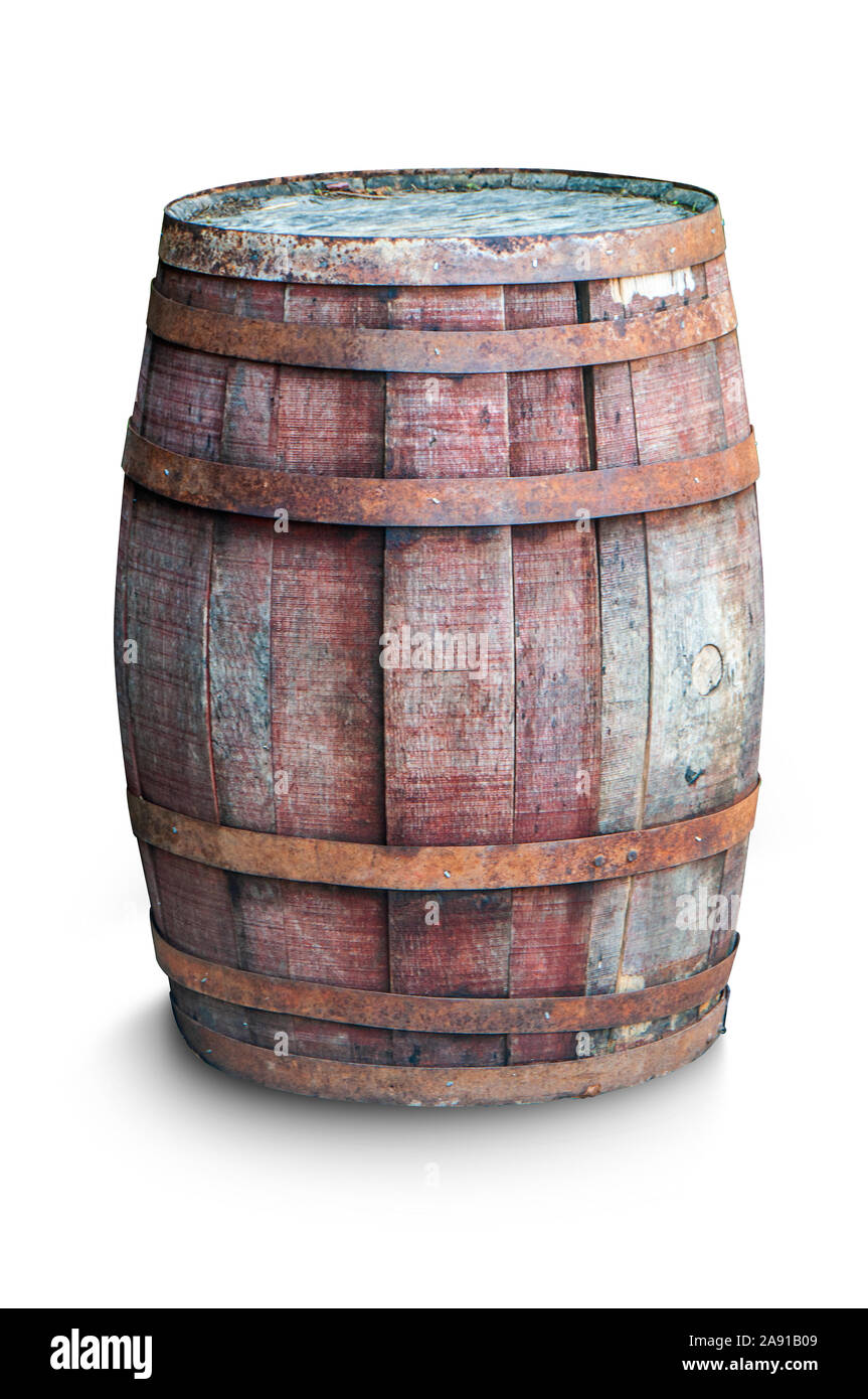 Il vecchio Barile di legno o la fermentazione del vino barile isolato su sfondo bianco, percorso di clipping incluso Foto Stock