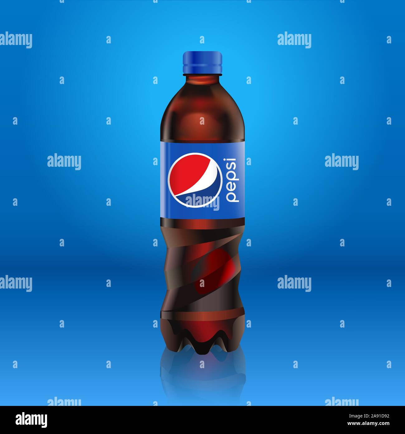 Realistico Pepsi Cola bottiglia mock up con etichetta blu con il logo isolato su sfondo blu riflessa dal pavimento, illustrazione vettoriale. Adatto per Illustrazione Vettoriale