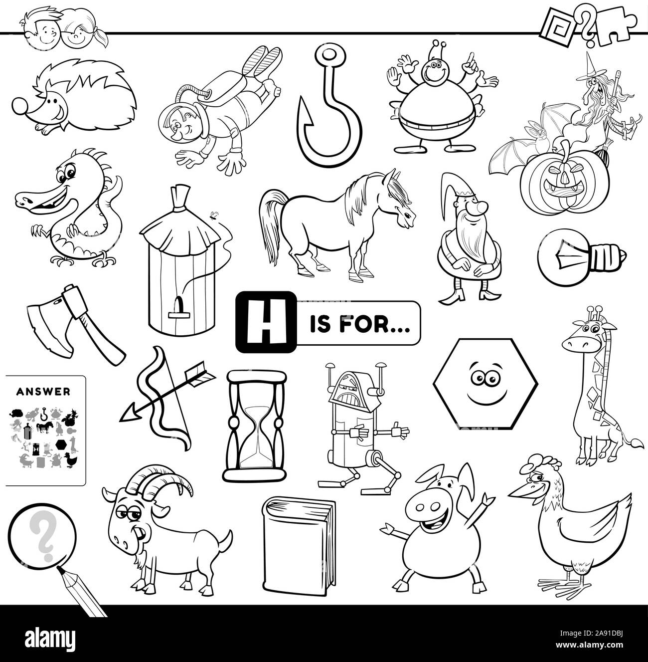 Bianco e Nero Cartoon illustrazione di trovare foto che iniziano con la lettera G compito educativo Foglio di lavoro per i bambini Libro da colorare Illustrazione Vettoriale