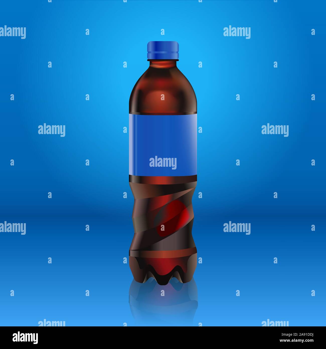Realistico Pepsi Cola bottiglia mock up con etichetta blu isolato su sfondo blu riflessa dal pavimento, illustrazione vettoriale. Adatto per il vostro grande Illustrazione Vettoriale