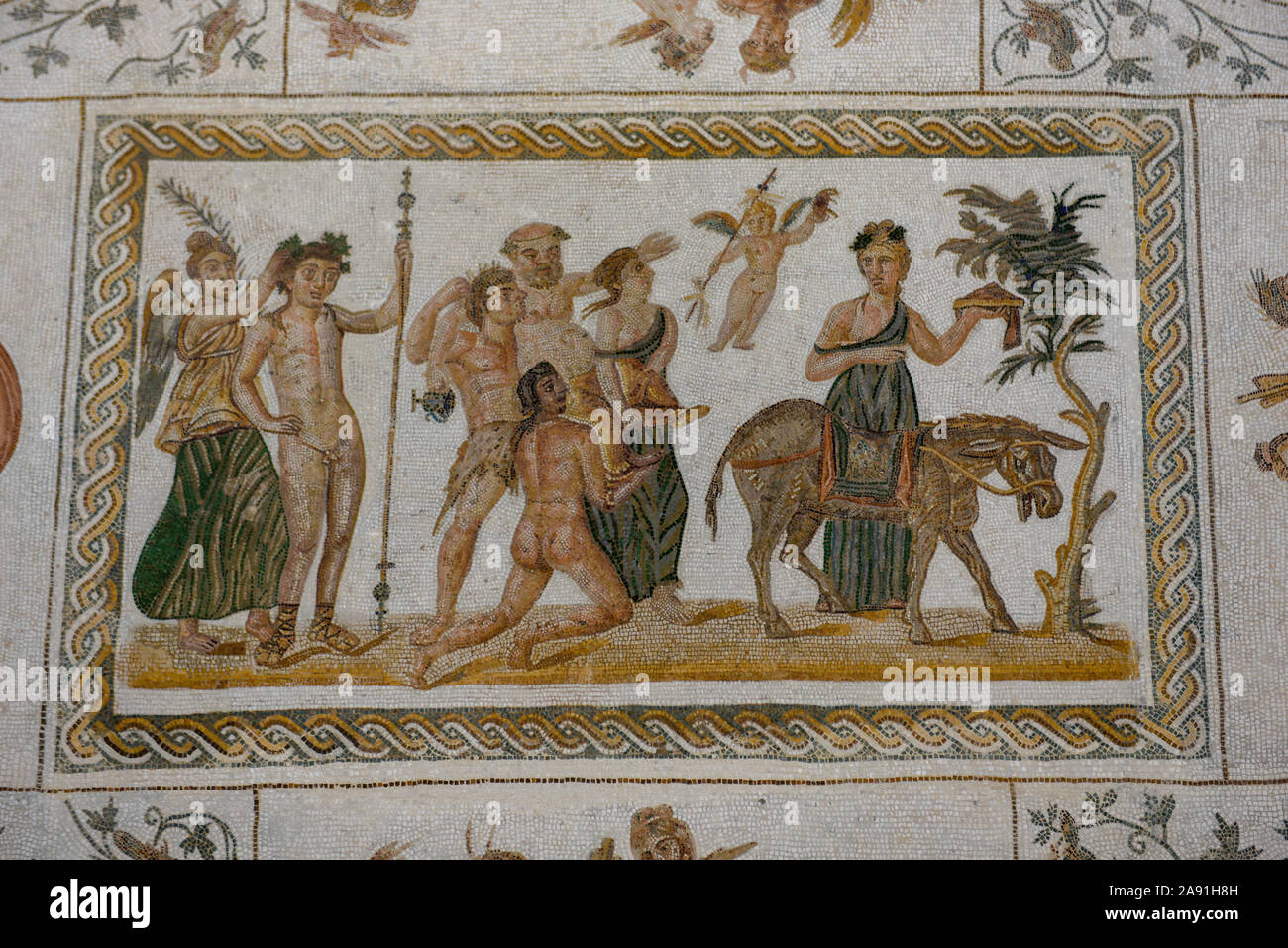 Romano in pietra naturale piastrella mosaici del museo a El Jem in Tunisia Foto Stock