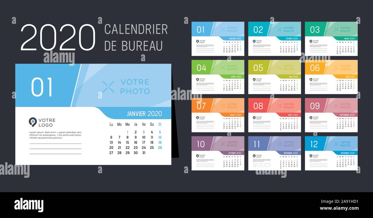 Anno 2020 mensile calendario desk, in lingua francese. Template vettoriale. Illustrazione Vettoriale