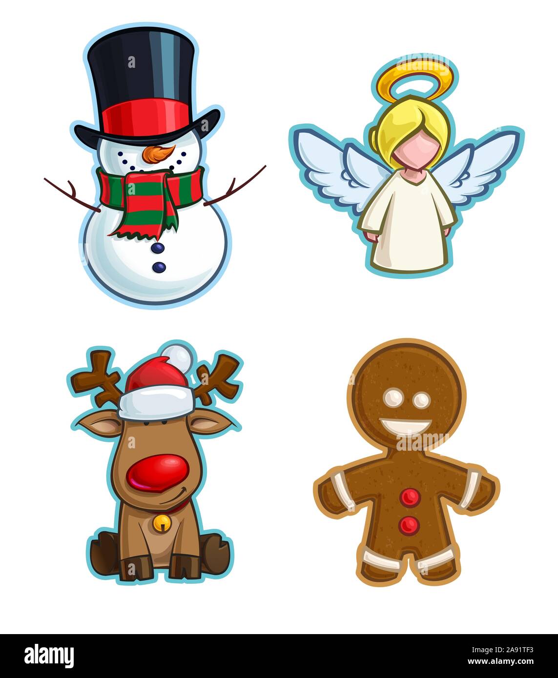 Vector Cartoon icona set di un pupazzo di neve, un angelo, Rudolf la renna Red-Nose e un panpepato Man. Le illustrazioni linee, colori, luci e ombre ne Illustrazione Vettoriale