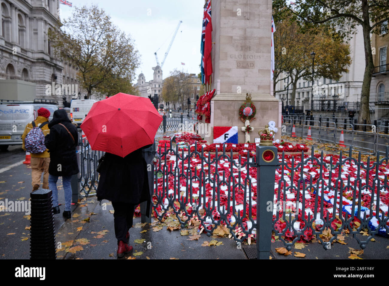 Westminster, Londra, Regno Unito. 12 Nov 2019. In un pomeriggio piovoso a Londra, la gente viene a rendere omaggio agli eroi caduti al Cenotaph, dove le corone sono ancora raccolte dalle cerimonie del fine settimana. Foto Stock