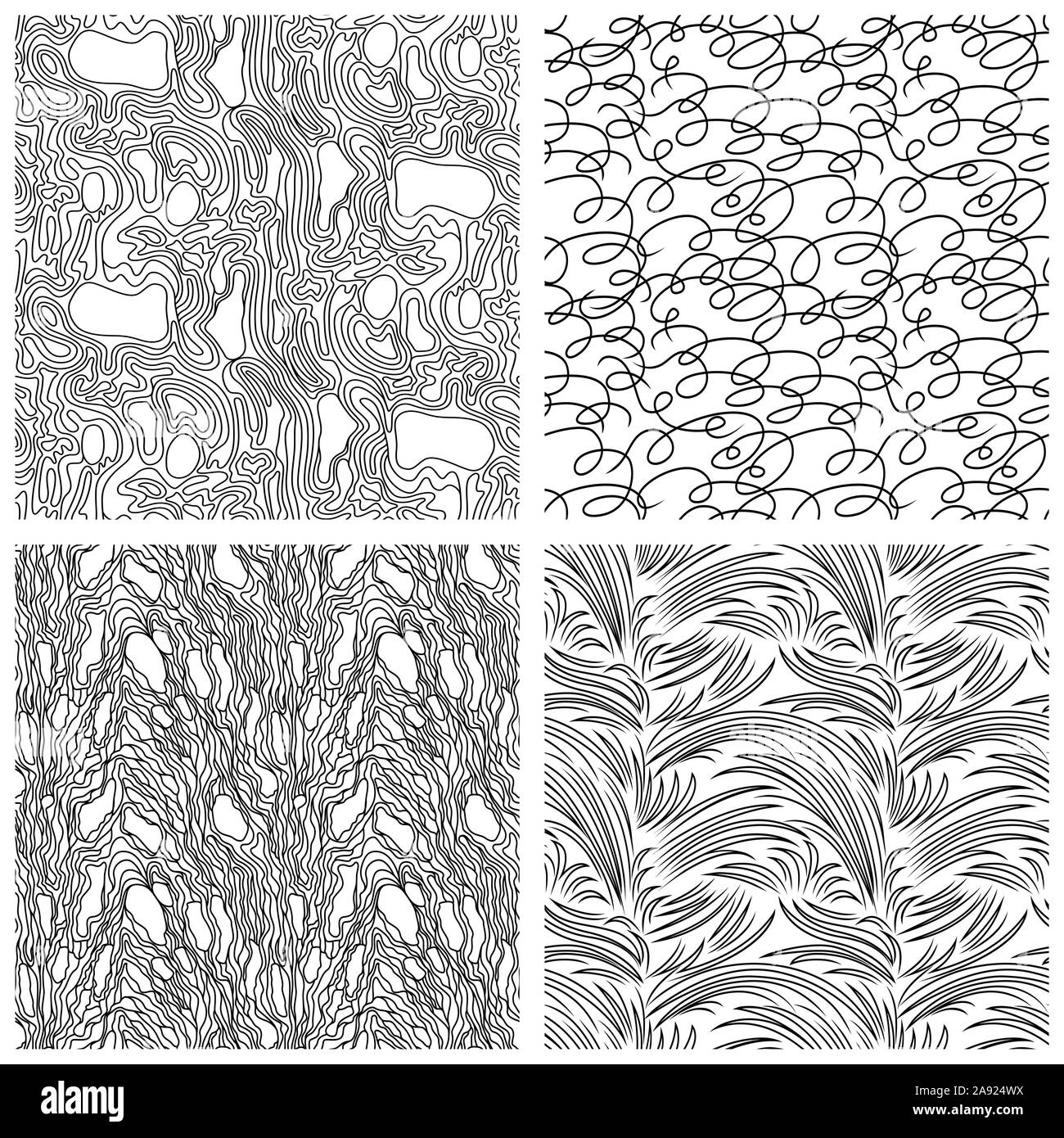 Quattro astratti modelli senza soluzione di continuità con il nero caotico e linee casualmente sullo sfondo bianco, mano disegno illustrativo Illustrazione Vettoriale