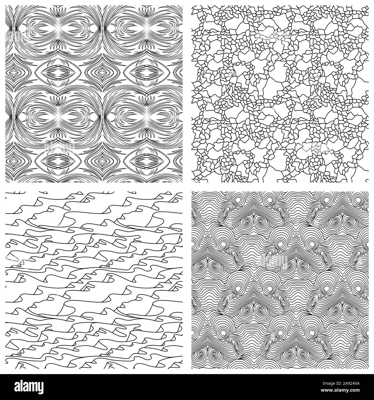 Set di astratti modelli senza soluzione di continuità con il nero caotico e casuale di linee ondulate sullo sfondo bianco, mano disegno illustrativo Illustrazione Vettoriale