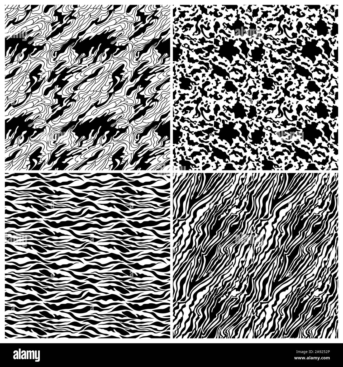 Set di quattro seamless pattern astratti con nero forme caotica su uno sfondo bianco, mano illustrazione di disegno Illustrazione Vettoriale