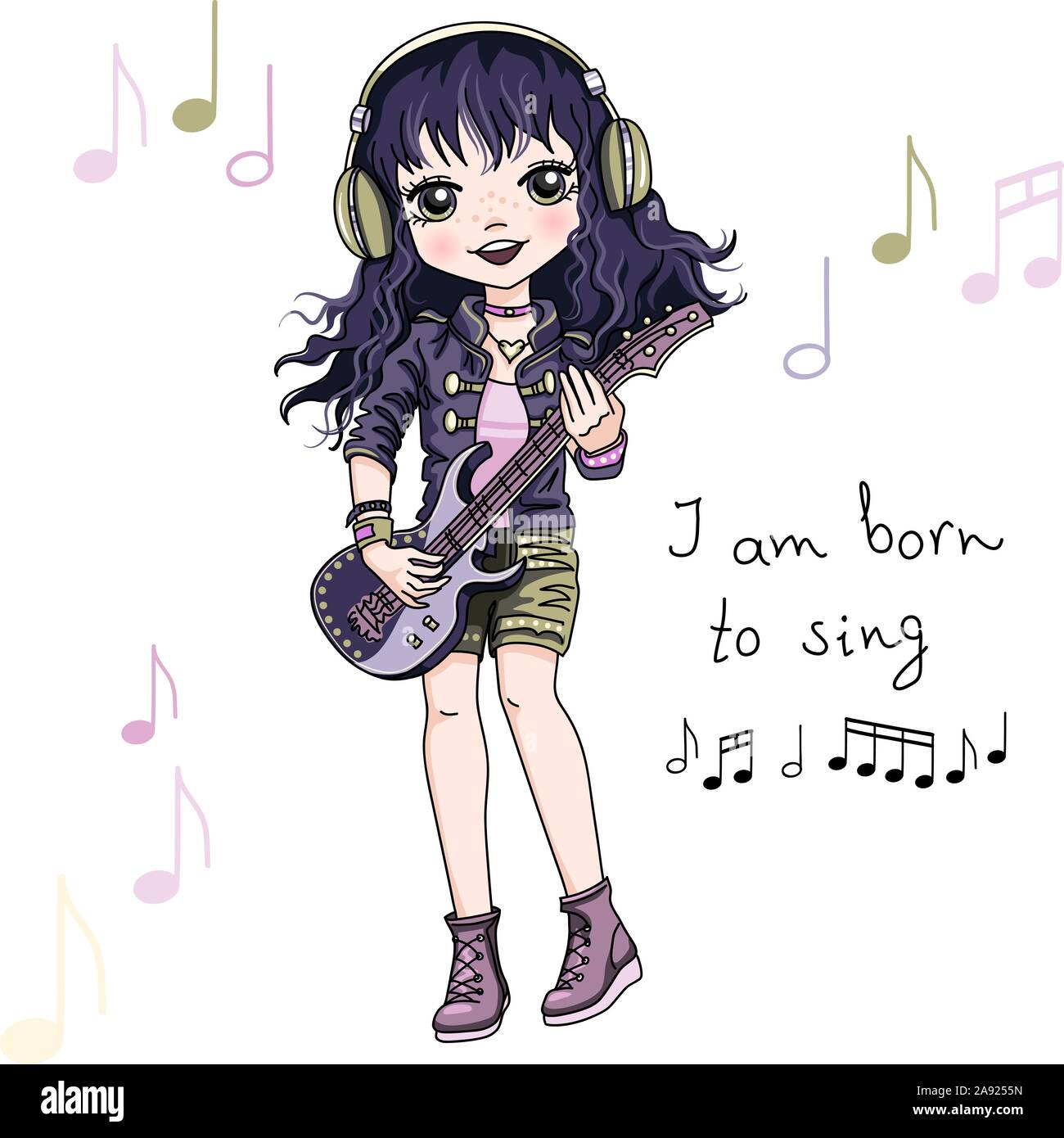 Vector cool rock star brunette Baby girl musicista nelle cuffie a suonare la chitarra. Io sono nato a cantare slogan Illustrazione Vettoriale