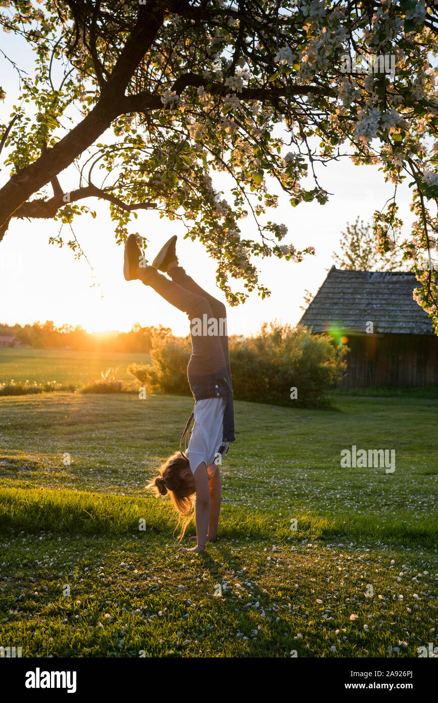 Ragazza facendo handstand Foto Stock