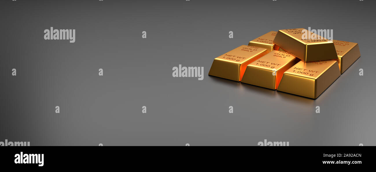 Impilati sottili barre di oro su sfondo chiaro, rendering 3d, concetto finanziario Foto Stock