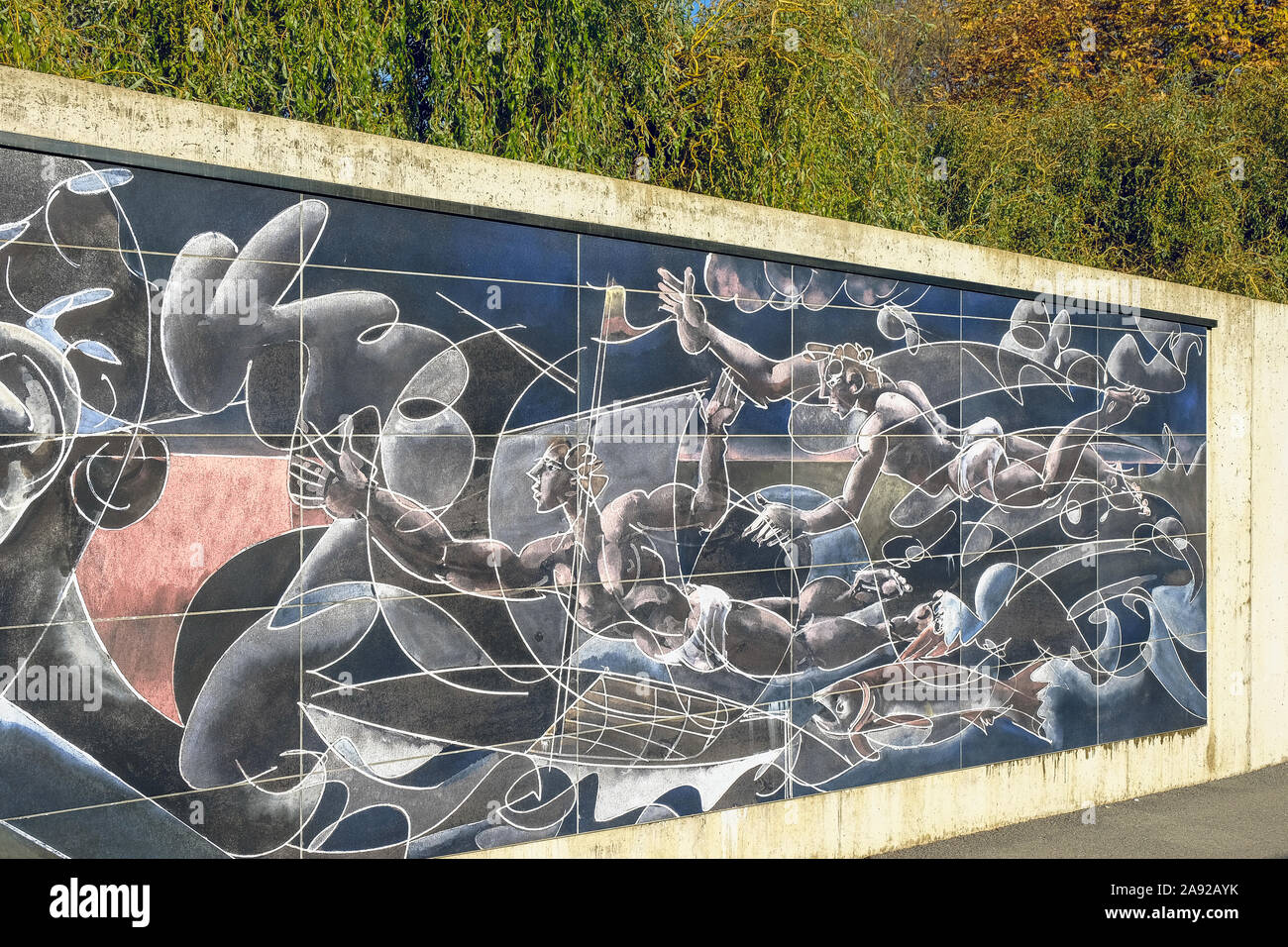 Il lato destro di Hans Erni di affresco sulla parete perimetrale del Palazzo delle Nazioni Unite a Ginevra, Svizzera Foto Stock