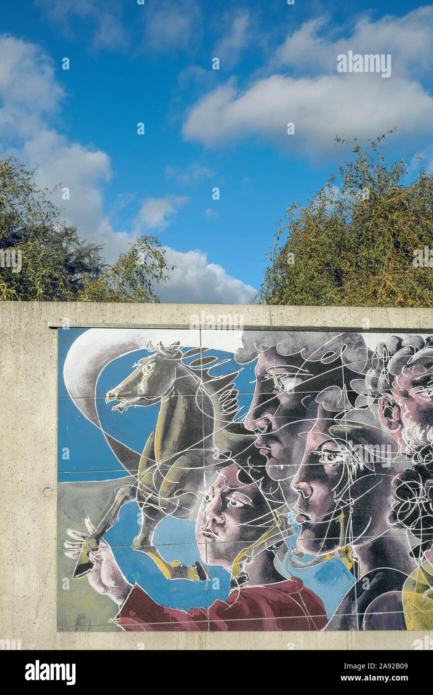 Il lato destro di Hans Erni di affresco sulla parete perimetrale del Palazzo delle Nazioni Unite a Ginevra, Svizzera Foto Stock