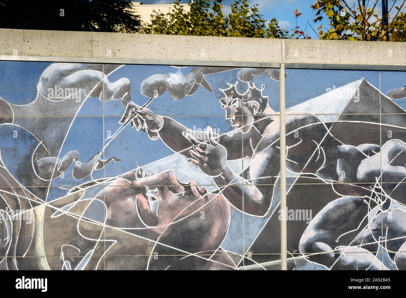 Il lato destro di Hans Erni di affresco sulla parete perimetrale del Palazzo delle Nazioni Unite a Ginevra, Svizzera Foto Stock