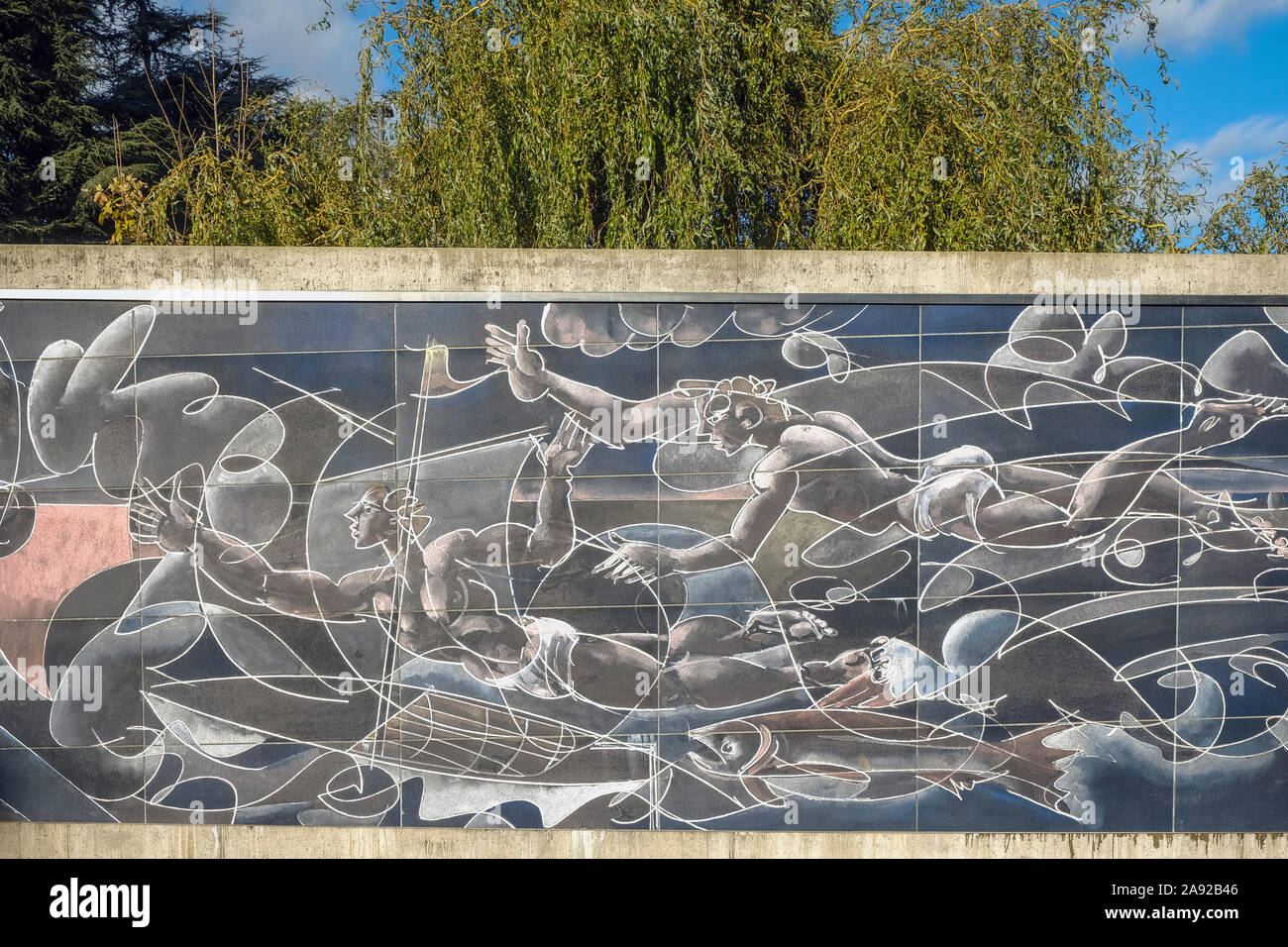 Il lato destro di Hans Erni di affresco sulla parete perimetrale del Palazzo delle Nazioni Unite a Ginevra, Svizzera Foto Stock