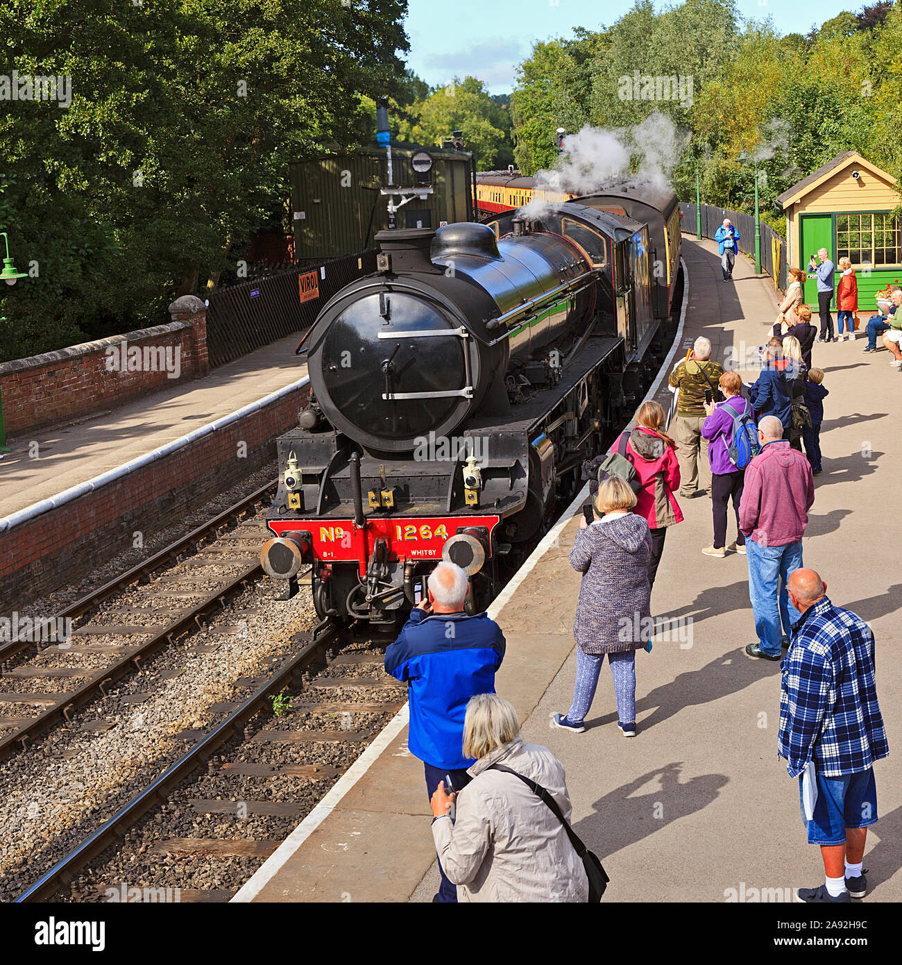 NYMR locomotiva a vapore n. 1264 entrando in stazione Pickering Foto Stock
