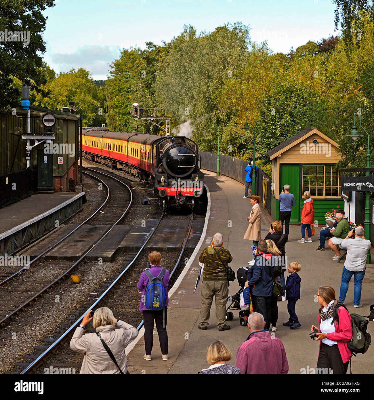 NYMR locomotiva a vapore n. 1264 avvicinando Pickering Station Foto Stock