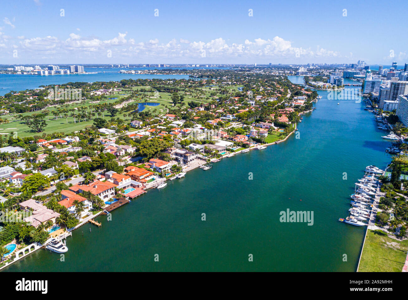 Miami Beach Florida, la Gorce Golf Course Club Biscayne Bay, case sul lungomare residenze aeree Indian Creek, Foto Stock